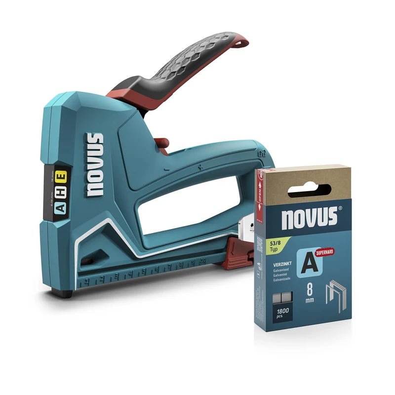 NOVUS TOOLS Hand Stapler J-50 Set of 1800 Staples │ Professional Stapler for Wood with Aluminium Casing, Impact Force Adjustment, Distance Stop │ for Fine Wire Staples 6-14 mm and Nails 16 mm