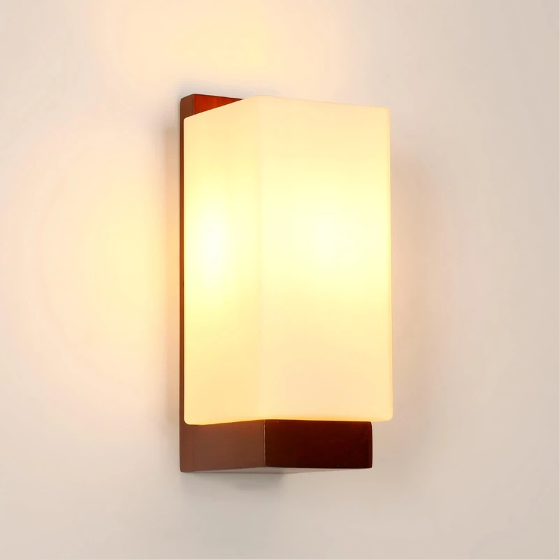 Comely Wall Light Indoor, Vintage Wood Wall Lamp E27, Creative Glass Lampshade Wall Lighting for Living Room Corridor Stairs, Brown