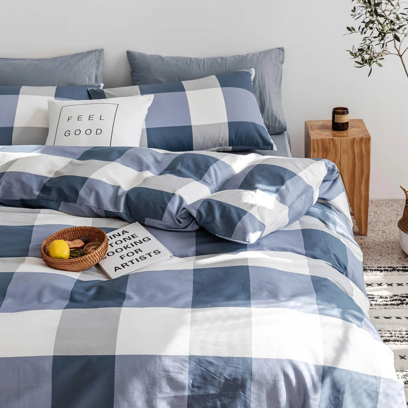 mixinni Twin XL Comforter Set Soft Fluffy Modern Style Checkered Pattern Comforter for Boys Mens, 1 Blue White Grey Geometric Comforter and 2 Pillowcases, All Seasons-Twin XL Size