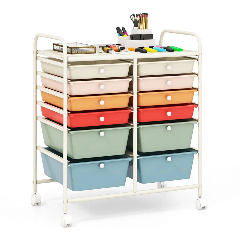 GiantexUK 4/6/12 Drawers Storage Trolley, Multipurpose Utility Rolling Cart on Wheels, Plastic Shelving Organizer Unit for Home Office Hairdressing Salon (Multi, 12 Drawers)