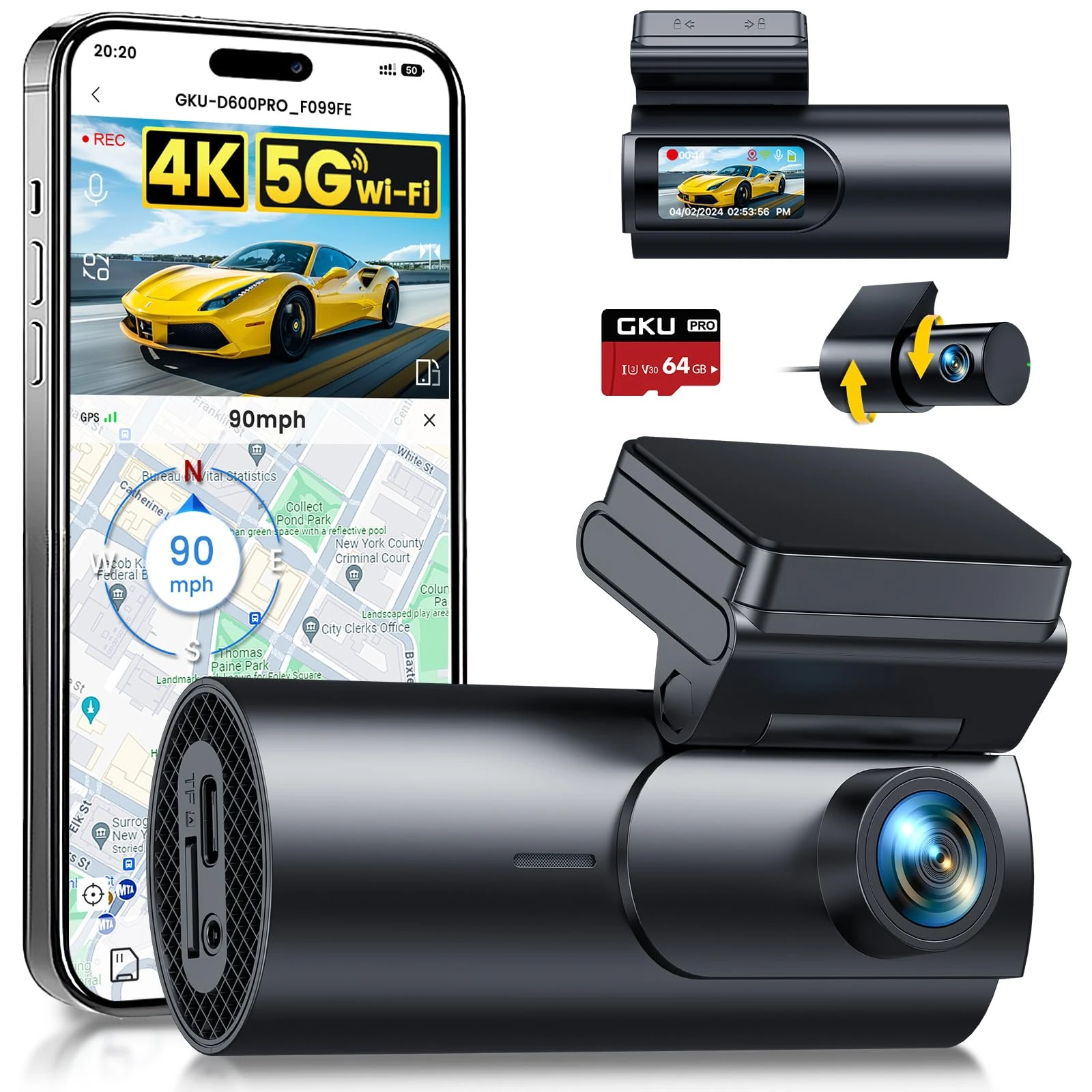 GKU 4K Dash Cam Front and Rear, 5GHz WiFi GPS, Dual Car Camera, 1.5” IPS Mini Dashcam for Cars with 64GB SD Card, 24H Parking Mode, Night Vision, WDR, 170° Wide Angle, G-Sensor, App Control, Max 256GB