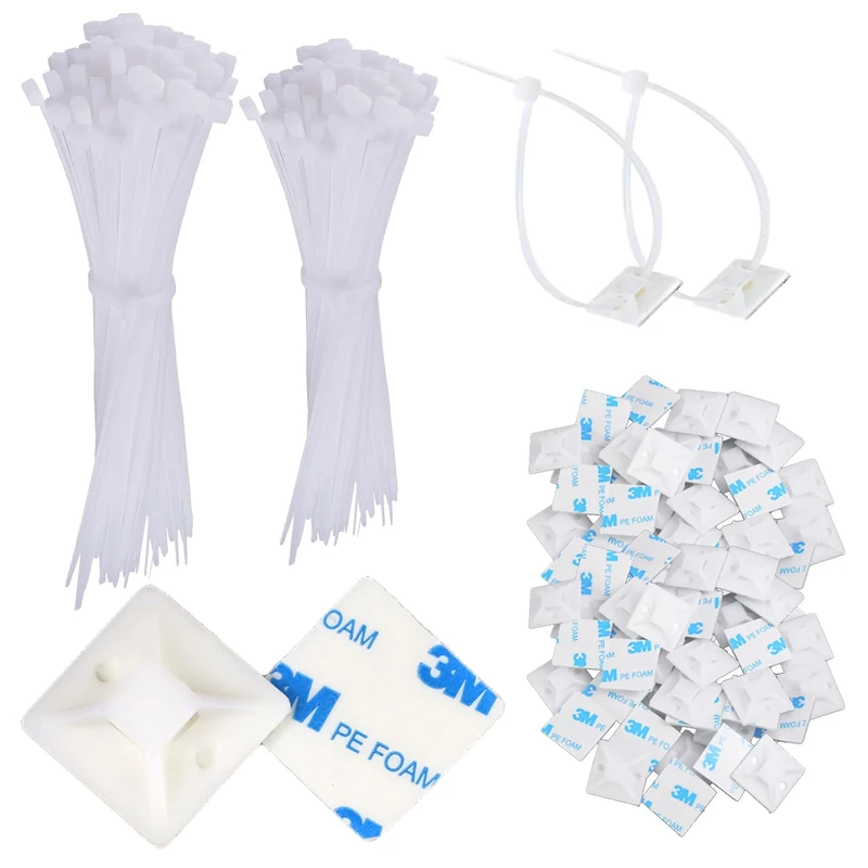 200Pcs White Cable Ties Set,Cable Ties Adhesive Mounts