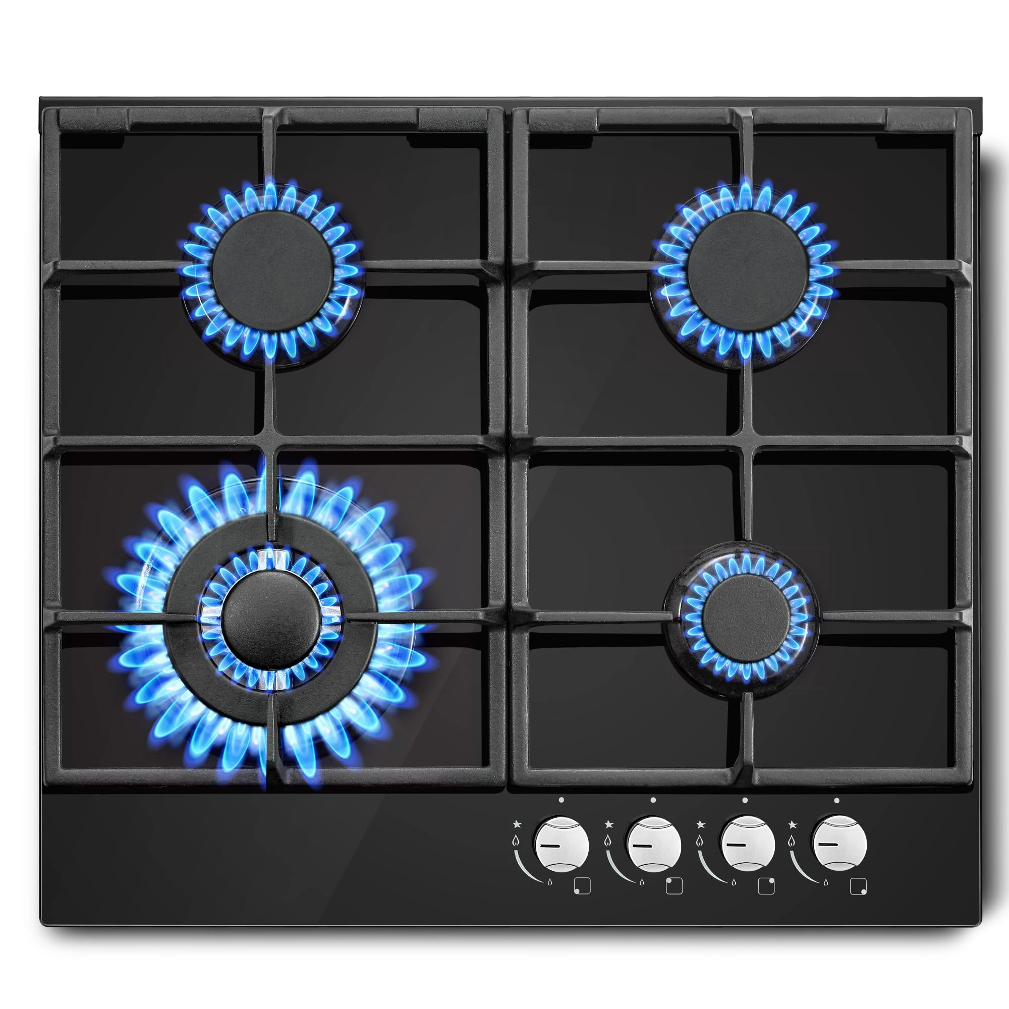 SNDOAS Gas Hob 4 Burners, NG/LPG Convertible, 60cm Black Glass Gas Cooker Hob with Wok Burner, Built-in Cooktop with Flame Failure Protection, 8060W