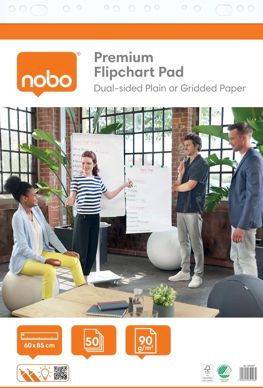Nobo Premium Flipchart Pad 60x85cm, Dual-Sided Plain or Gridded Paper, 50 sheet, 90g/m², 1 Pack, Rolled