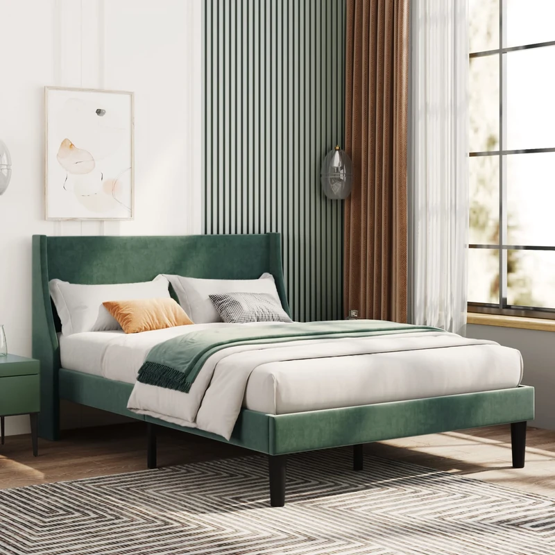 Merax 4FT6 Double Bed, Upholstered Bed Frame with Broad and Thick Winged Headboard, Sturdy Wood Slat Support, Velvet Dark Green, 135x190cm