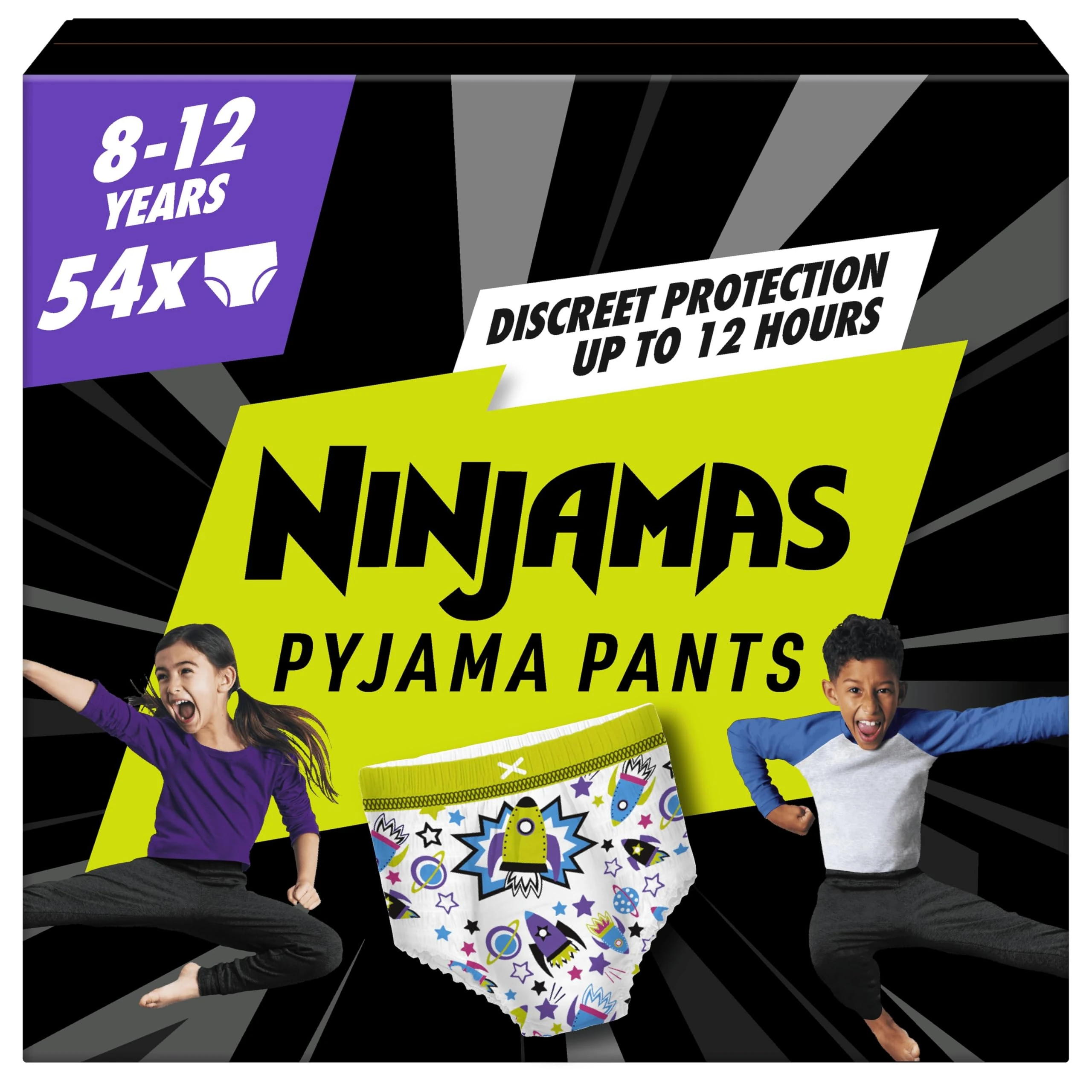 Pampers Ninjamas Pyjama Pants Unisex Spaceships, 8-12 Years, 54 Pyjama Pants, 27kg-43kg, All-Night Leak Protection