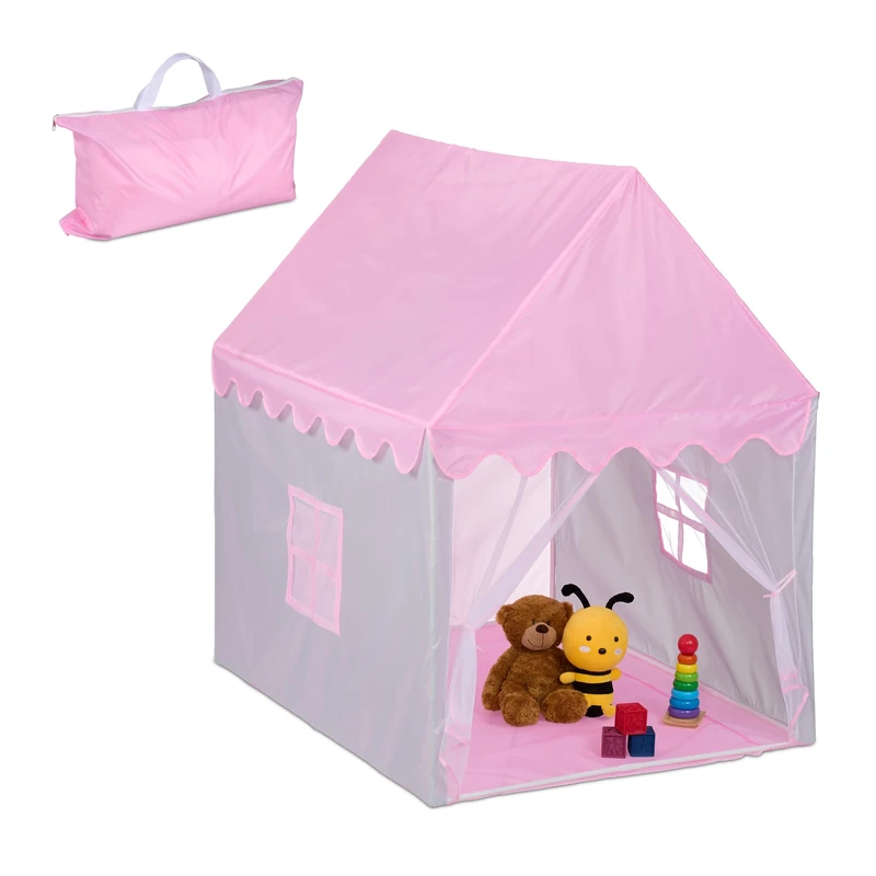 Relaxdays Play Tent for Children, Large Entrance, Indoor & Outdoor, incl. Storage Bag, HWD: 130 x 95 x 125 cm, Pink/Grey, Polyester, 135 x 95 x 125 cm