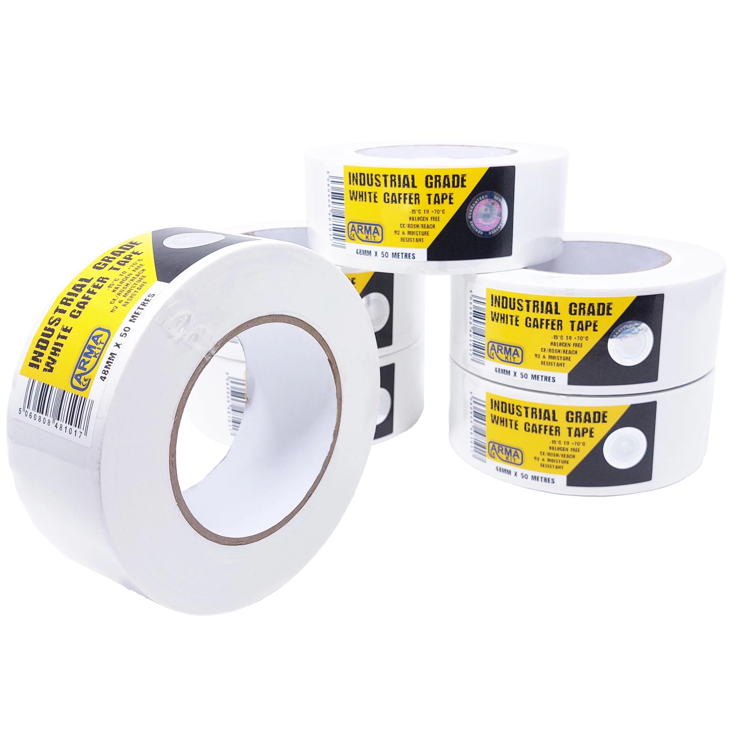 ArmaKit Heavy Duty Duct Tape | 48mm wide x 50M length (6 Pack) | Industrial Tape Grade - Strong Gaffer Tape indoor and outdoor use, thick gaffa tape patch and seal tape (White)