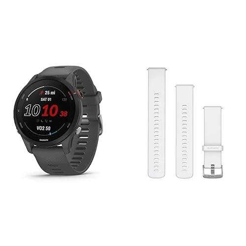 Garmin Forerunner 255 Easy to Use Lightweight GPS Running Smartwatch, Up to 14 days Battery Life, Slate Grey & GARMIN Acc, Venu 3, 20mm Band, Whitestone + Passivated