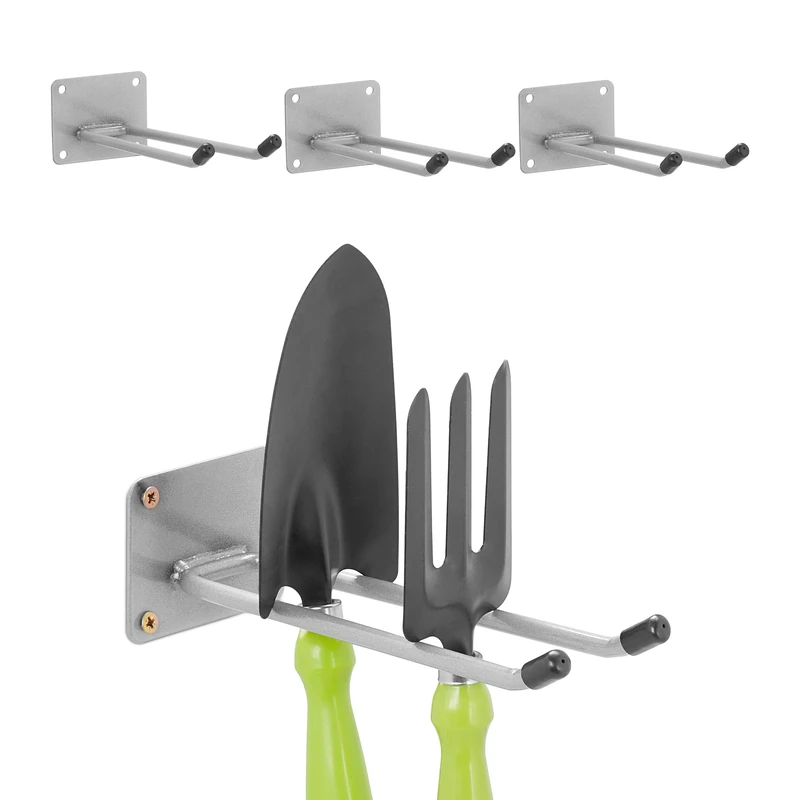 Relaxdays Set of 4 Wall Hooks, Long, Double Hold, Garage, Workshop & Cellar, Broom Holder Steel, 7.5 x 9 x 24 cm, Silver