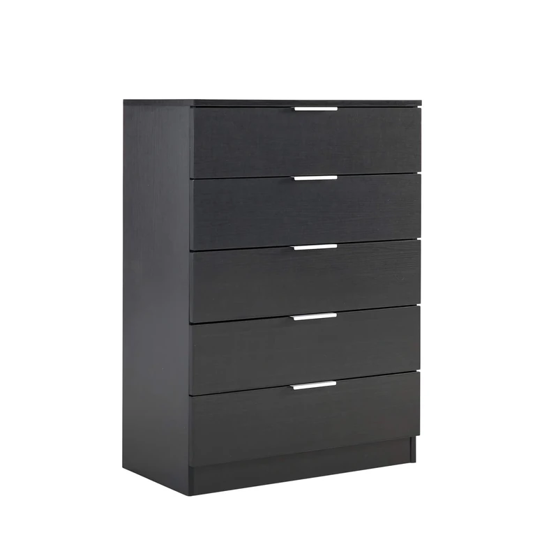 Home Source Phoenix Tall 5 Drawer Chest of Drawers, Black– Contemporary Storage Cabinet – Smooth Metal Runners & Bar Handles – 63Wx35Dx90H cm