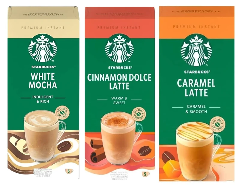 Starbucks Variety Pack Premium Instant Coffee Sachets Flavours inc. White Mocha, Caramel Latte, and Cinnamon Dolce. (Pack of 3, Each Pack 5 Sachets, Total 15 Sachets)