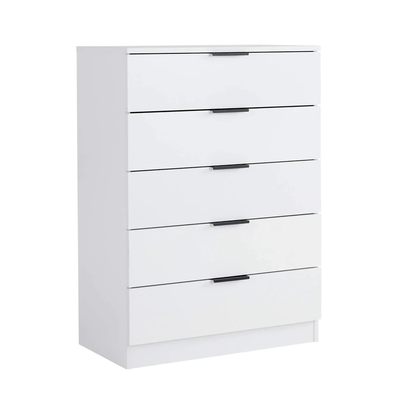 Home Source Phoenix Tall 5 Drawer Chest of Drawers, White – Contemporary Storage Cabinet – Smooth Metal Runners & Bar Handles – 63Wx35Dx90H cm