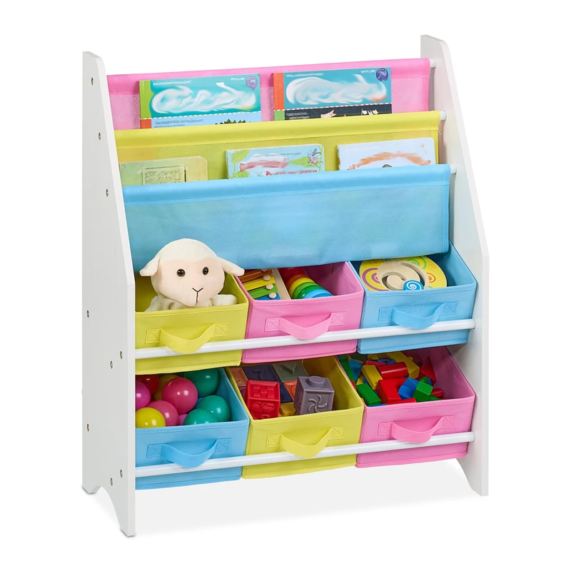 Relaxdays Children's Shelf, 6 Boxes, Compartments for Books, Toy Storage, Bookshelf HWD: 74 x 62.5 x 31 cm, Colourful, Fibreboard
