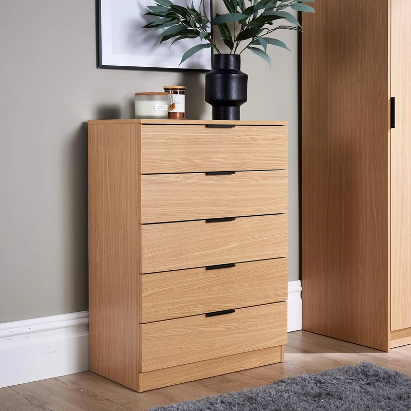 Home Source Bedroom Chest of Drawers Clothing Storage Cabinet, 5 Drawers, Oak Effect
