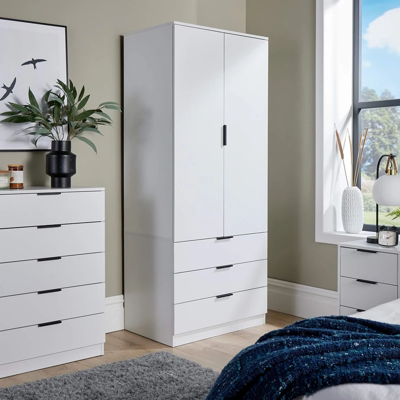 Home Source Phoenix Wardrobe with 2 Doors & 3 Drawers | 181cm Tall White | Hanging Rail & Storage Shelf | Contemporary Bedroom Furniture | 50D x 75W x 181H cm