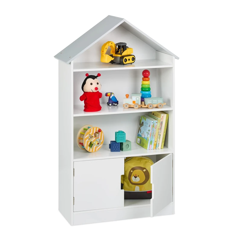 Relaxdays Children's Shelf, House-Shaped Bookshelf, 3 Open & 1 Closed Compartments, HWD: 115 x 68 x 28 cm, White/Grey, Fibreboard