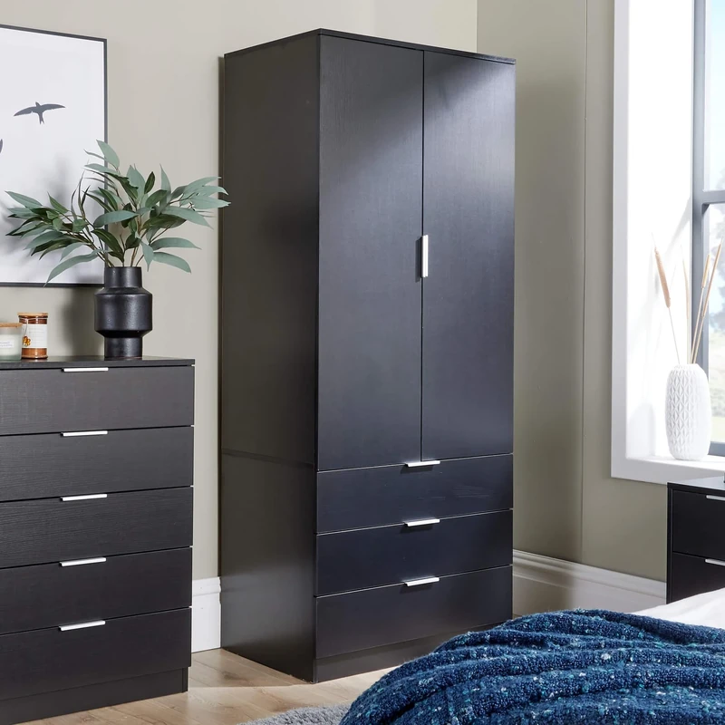 Home Source Phoenix Wardrobe with 2 Doors & 3 Drawers | 181cm Tall Black| Hanging Rail & Storage Shelf | Contemporary Bedroom Furniture | 50D x 75W x 181H cm