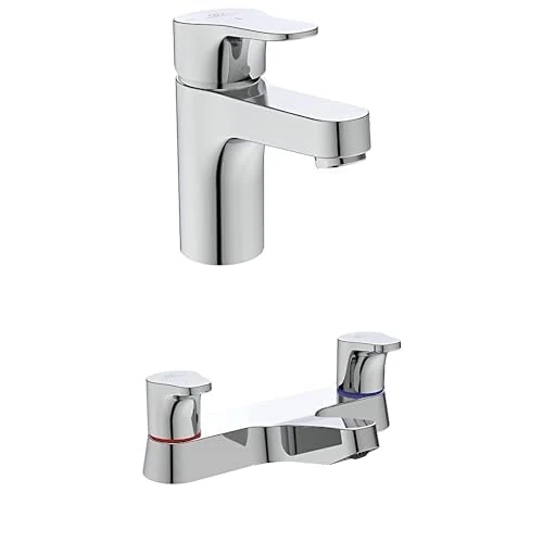 Ideal Standard Cerabase Single Lever Basin Mixer tap with Click Waste and bluestart Technology, BD054AA, Chrome + Cerabase Dual Control Bath Filler tap, BD057AA, Chrome