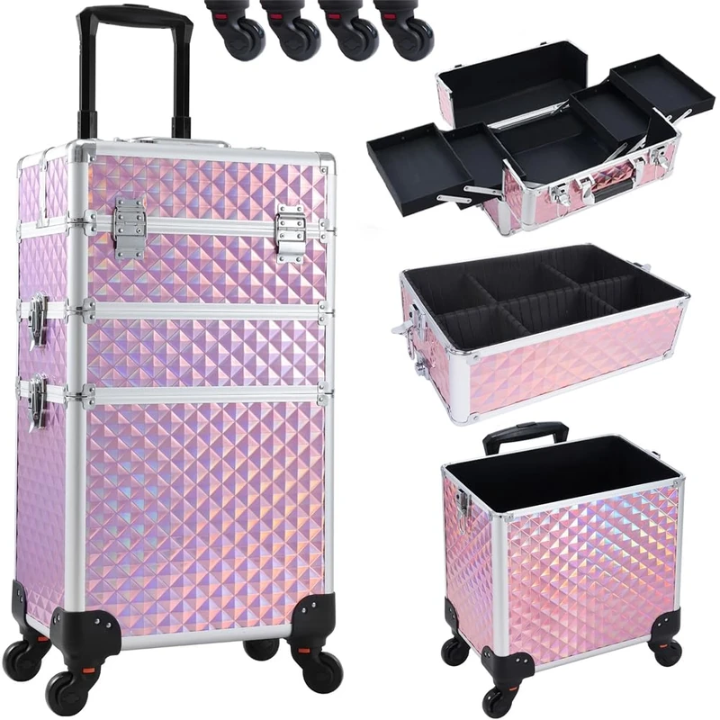 BAKAJI 3 in 1 Professional Makeup Trolley with Triangular Oleographic Texture, Beauty Case Portable Beautician, Makeup Case with Detachable Wheels, Travel Makeup Organizer Case, Pink, Modern