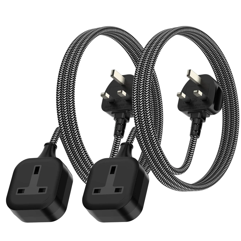 1 Gang Extension Lead 2 Meters, Pack of 2, Single Plug Socket 13A 250V 3Kw Power Cable Extension Socket, IP20 (Black)