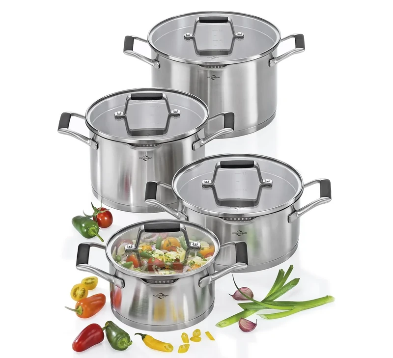 Küchenprofi Cook Bologna Pot Set, 4 Pieces, Stainless Steel, Glass Lid, Suitable for Induction Cookers, Pourer, Fine/Coarse Sieve, Multilayer Base, 1 x Stewing Pan Diameter 20 cm, 3 x Cooking Pot