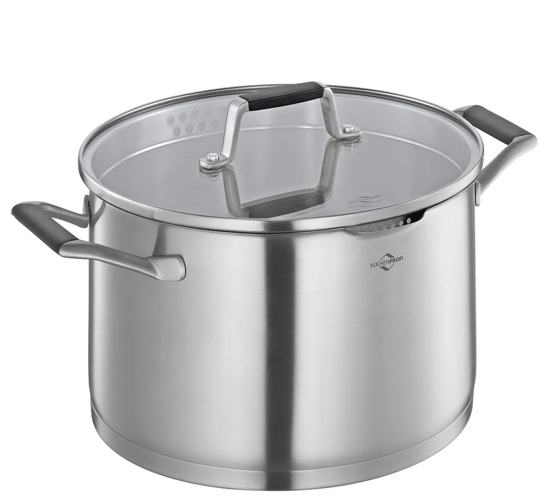 Küchenprofi Cook Bologna Cooking Pot Stainless Steel Casserole Pot with Safety Glass Lid Suitable for Induction Cookers Pouring Spout Pot with Fine and Coarse Sieve Multilayer Base Diameter 24 cm