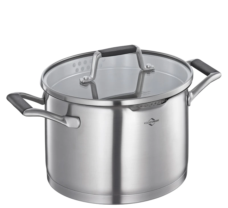Küchenprofi Cook Bologna Cooking Pot Stainless Steel Casserole Pot with Safety Glass Lid Suitable for Induction Cookers Pouring Spout Pot with Fine and Coarse Sieve Multilayer Base Diameter 20 cm - Image 1