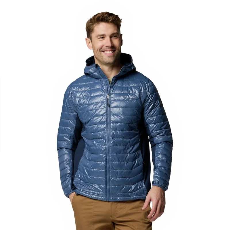 Columbia Men's Powder Pass Hybrid Hooded Jacket, Hooded Puffer Jacket, Dark Mountain/Collegiate Navy, L