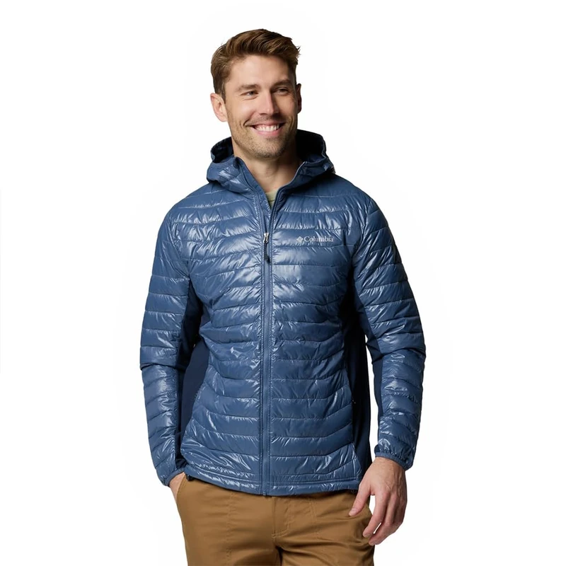 Columbia Men's Powder Pass Hybrid Hooded Jacket, Hooded Puffer Jacket, Dark Mountain/Collegiate Navy, M