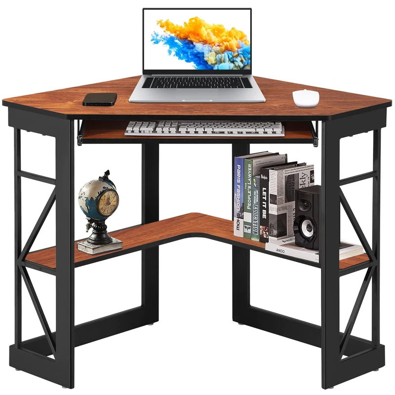 VECELO Corner Computer Desk, Triangle Study Table Writing Workstation with Storage Shelves & Rolling Keyboard Tray for Home Office Bedroom