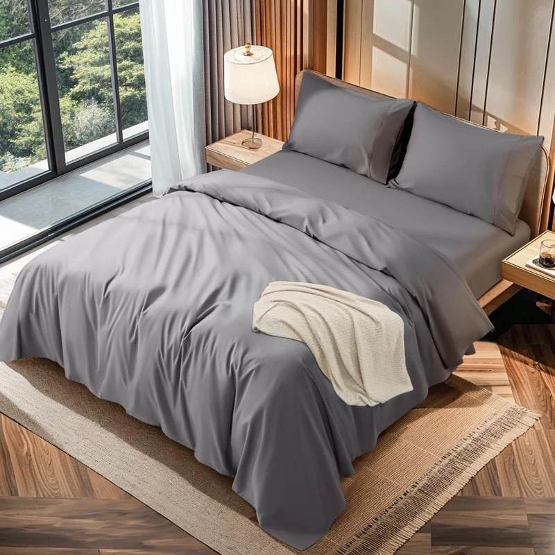 LBRO2M 100% Cotton 1200 Thread Count Bedding Sheets Set, 16 inches Deep Pocket, Bed Sheet 4 Piece Sets (Grey, King (U.S. Standard))