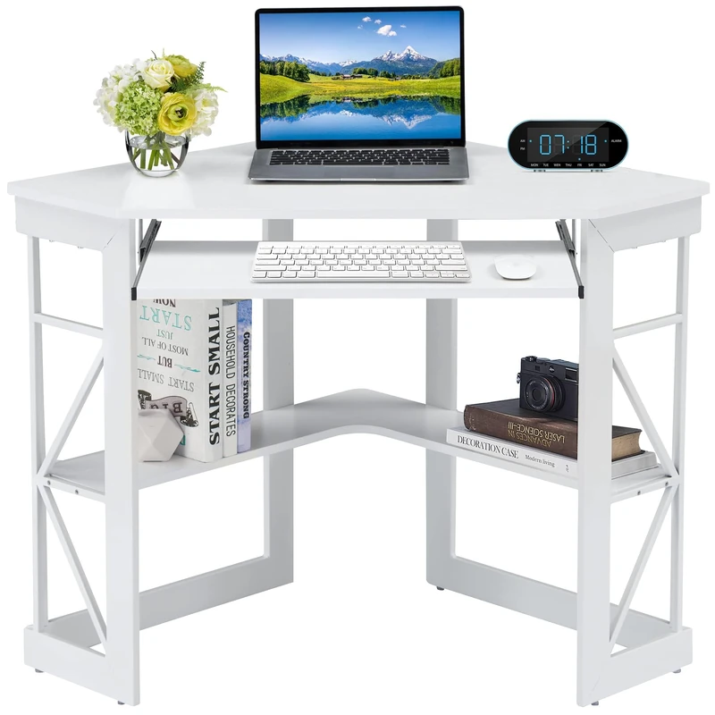 VECELO Corner Computer Desk with Smooth Keyboard & Storage Shelves for Home Office Workstation, Engineered Wood, White