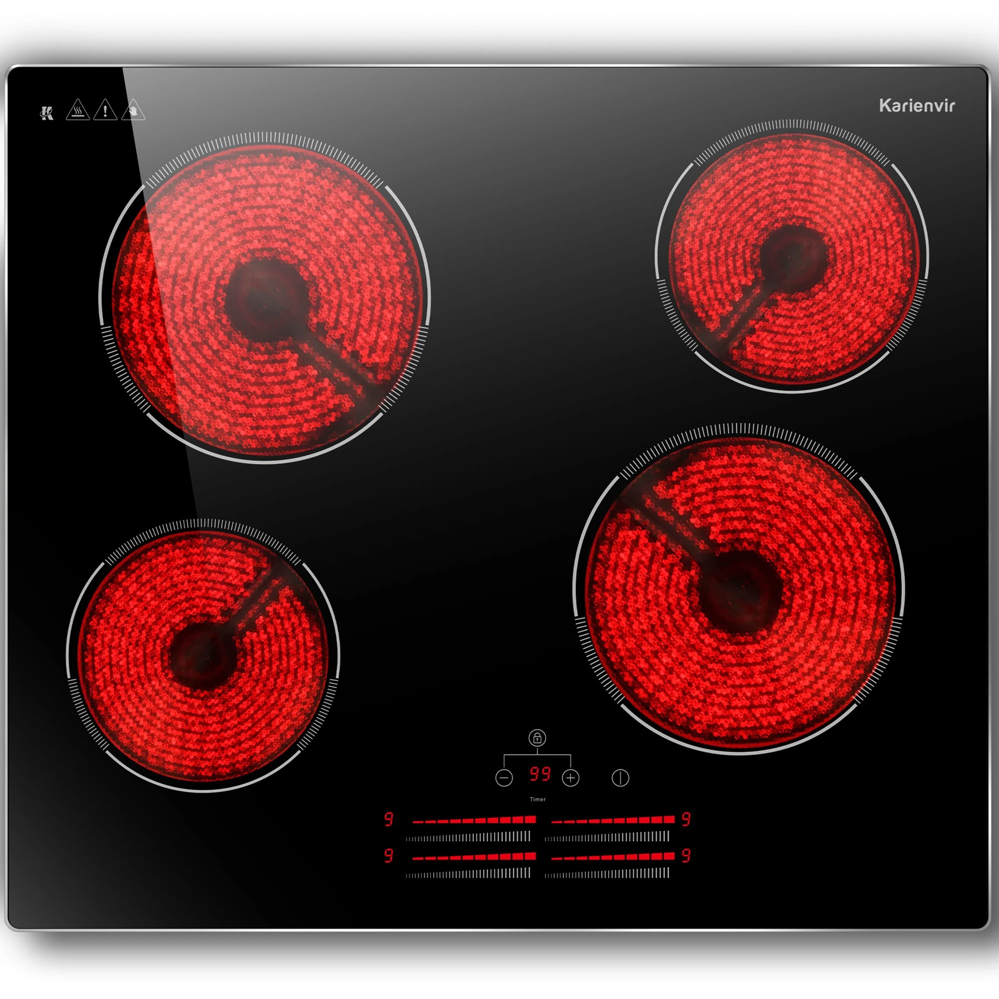 Karienvir Ceramic Hob, Electric Hob 60cm Built in, Ceramic Hob 4 Zones 6000W, Glass Protection Metal Frame, 9 Power Levels, Kitchen Ceramics Hob with Safety Lock, Timer, 220-240V Hard Wire