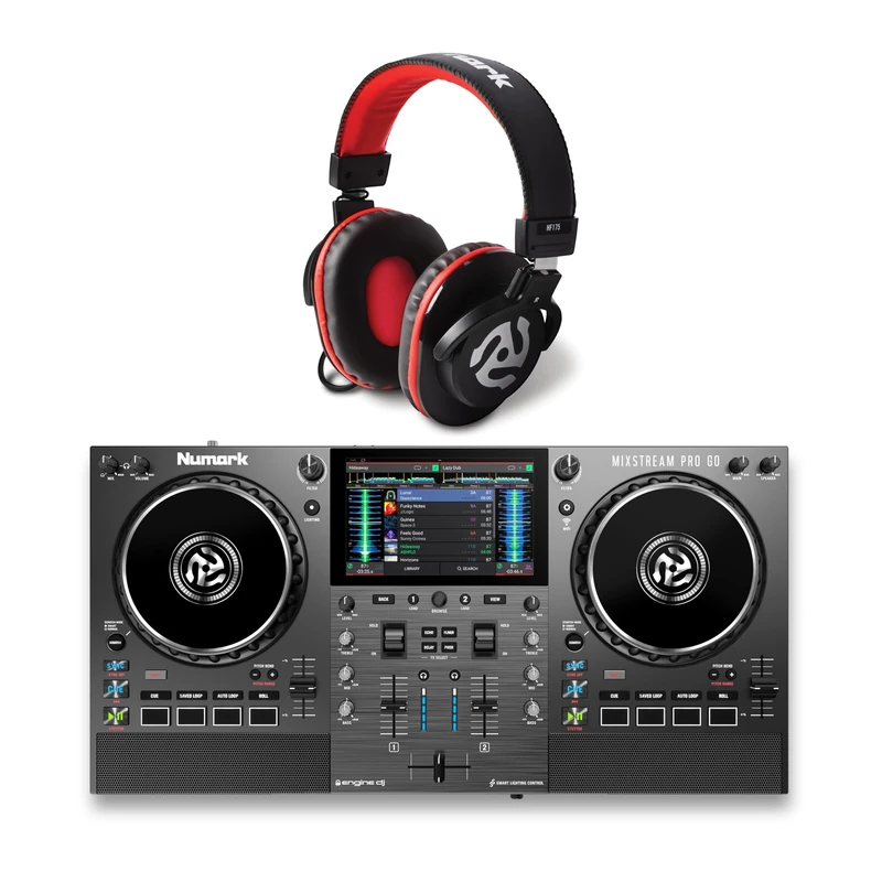 Numark Mixstream Pro Go DJ Controller Bundle with Headphones for Studio Recording, Music Production, Podcasting, Streaming