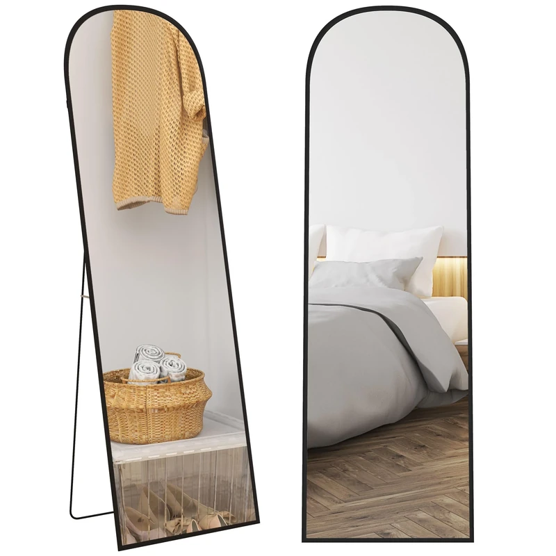 HOMCOM Full Length Mirror, 162x50cm Arched Free Standing Floor Mirror with Aluminium Alloy Frame, Hanging or Leaning for Living Room, Bedroom, Black Frame