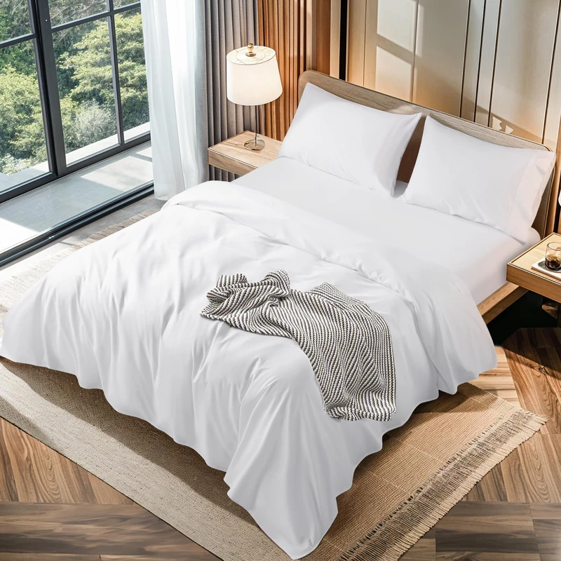 LBRO2M 100% Cotton 1200 Thread Count Sheets Set,16 inches Deep Pocket,Bed Sheet 4 Piece Sets (White, Queen (U.S. Standard))