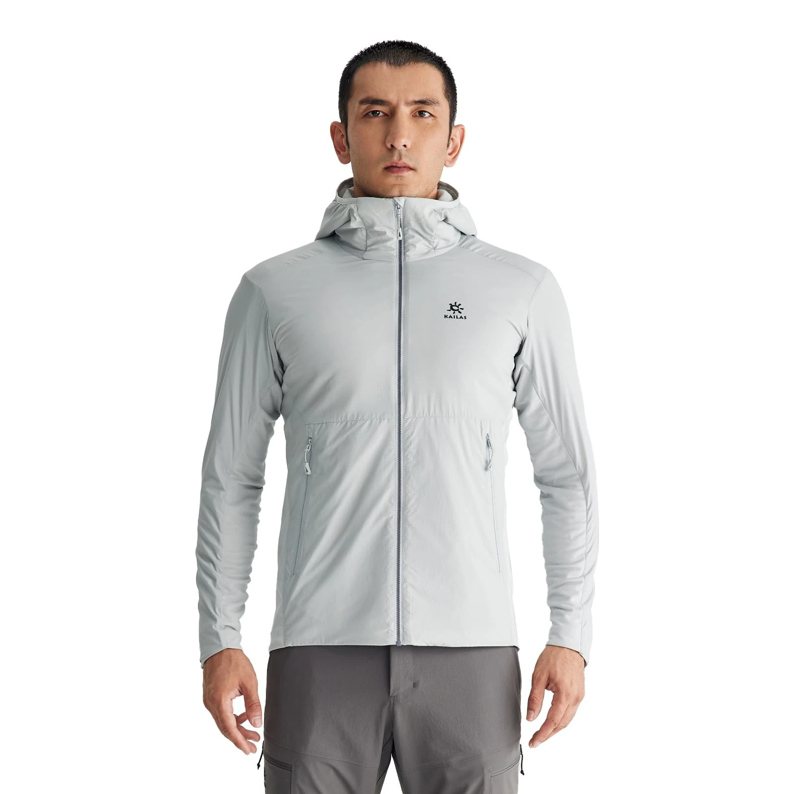 KAILAS Men's Hooded Packable Ultra Light Weight Short Down Jacket, Light Cloud Gray, XS