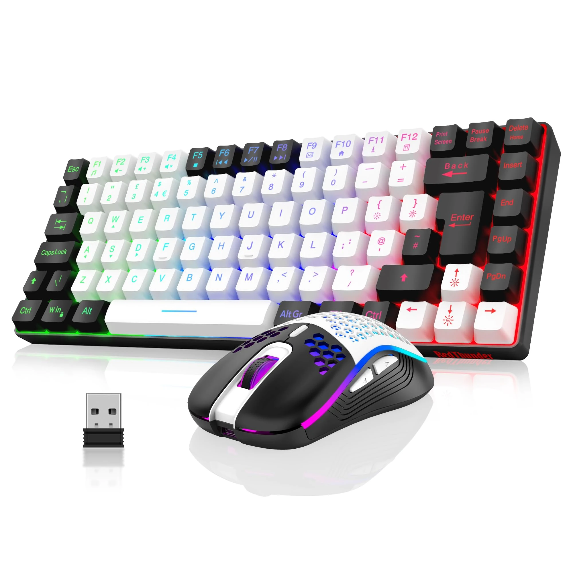 RedThunder K84 75% Wireless Gaming Keyboard and Mouse Rainbow Backlight UK Layout 85 Keys TKL Ultra Compact Mini Design Lightweight Honeycomb Gaming Mouse for PC Mac PS5 Office Gamers (White-Black)