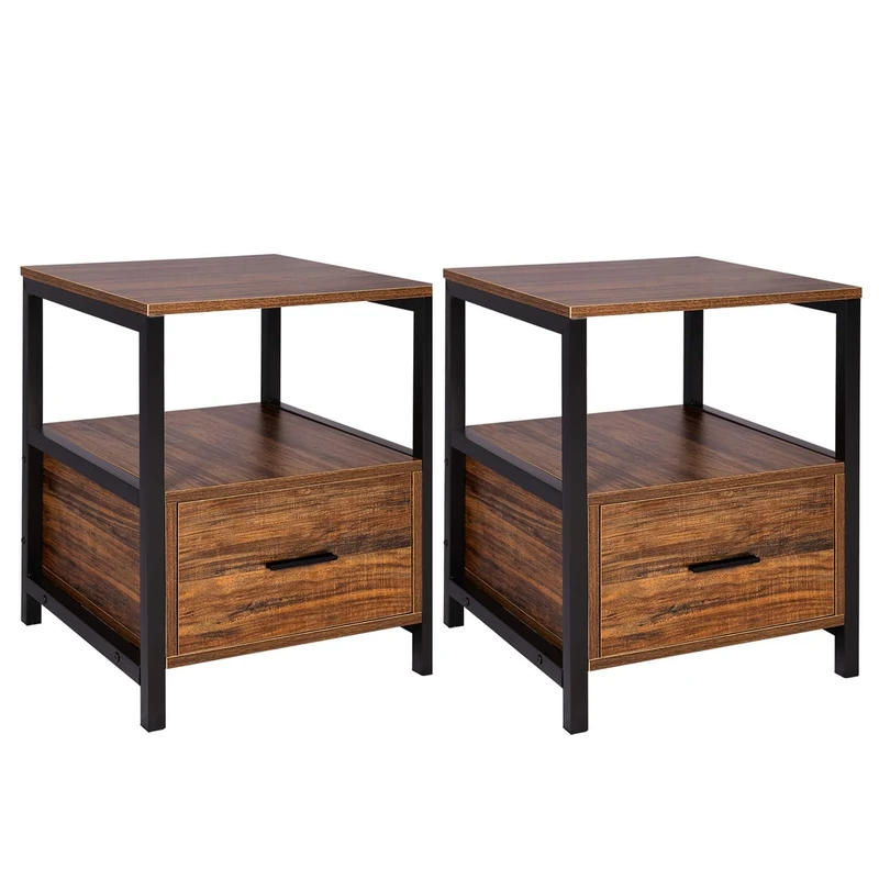 VECELO Square End, Side Table for Bedroom, Living Room, Small Space, Night Stand with Open Shelf, Stable Metal Frame, Engineered Wood, Umber Brown - Image 1