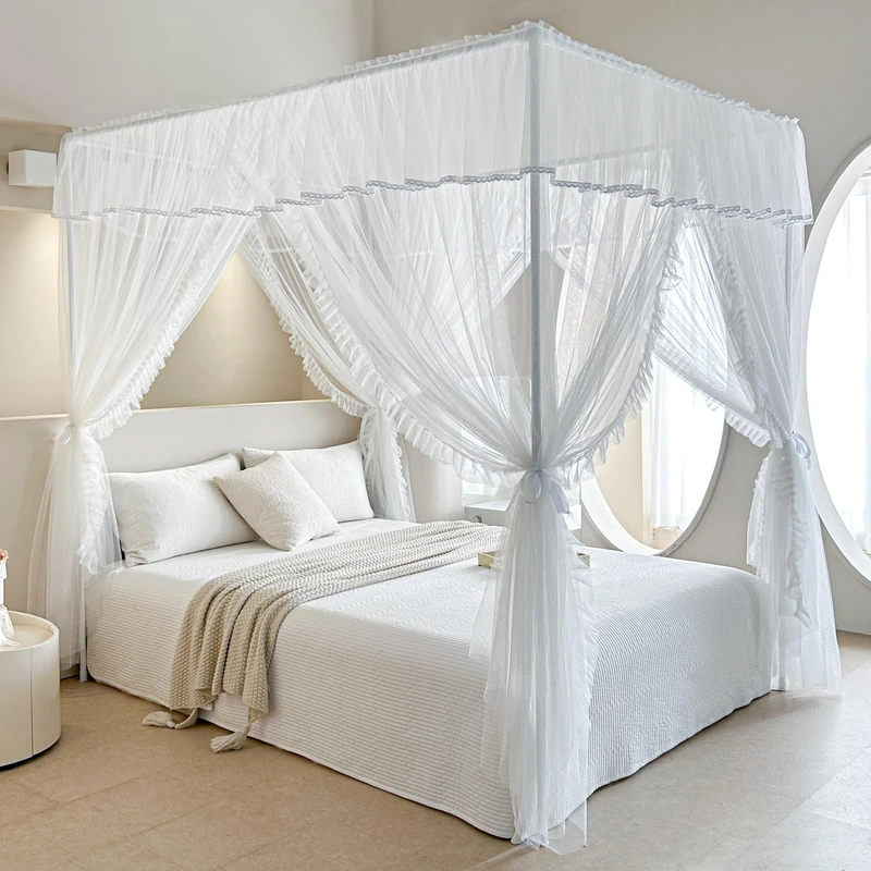 AIKASY Bed Canopy Curtain with 4 Corners, Double Layer Cozy Drape Net with 4 Openings, Elegant Mosquito Net for Girls and Adults Bedroom Decoration (White, Queen) - Image 1