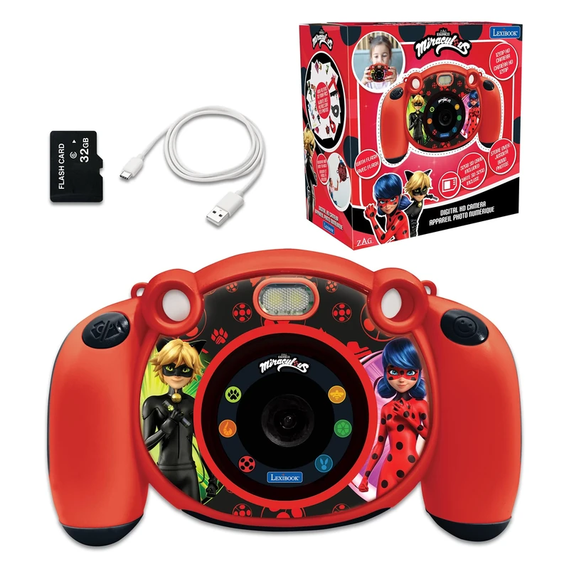 Lexibook, Miraculous Ladybug Cat Noir, 4-in-1 Kids camera with photo, video, audio and game functions, 32GB SD card included, DJ080MI