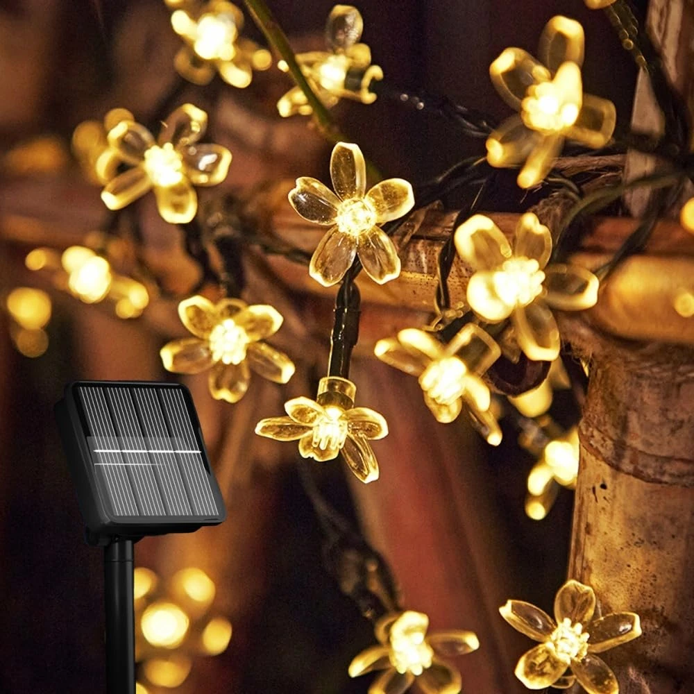 Solar Flower String Lights Waterproof 8 Modes 50 LEDs Solar Blossom Fairy Lights for Indoor Outdoor Garden Wedding Christmas Party Holiday Yard Decorations-Yellow