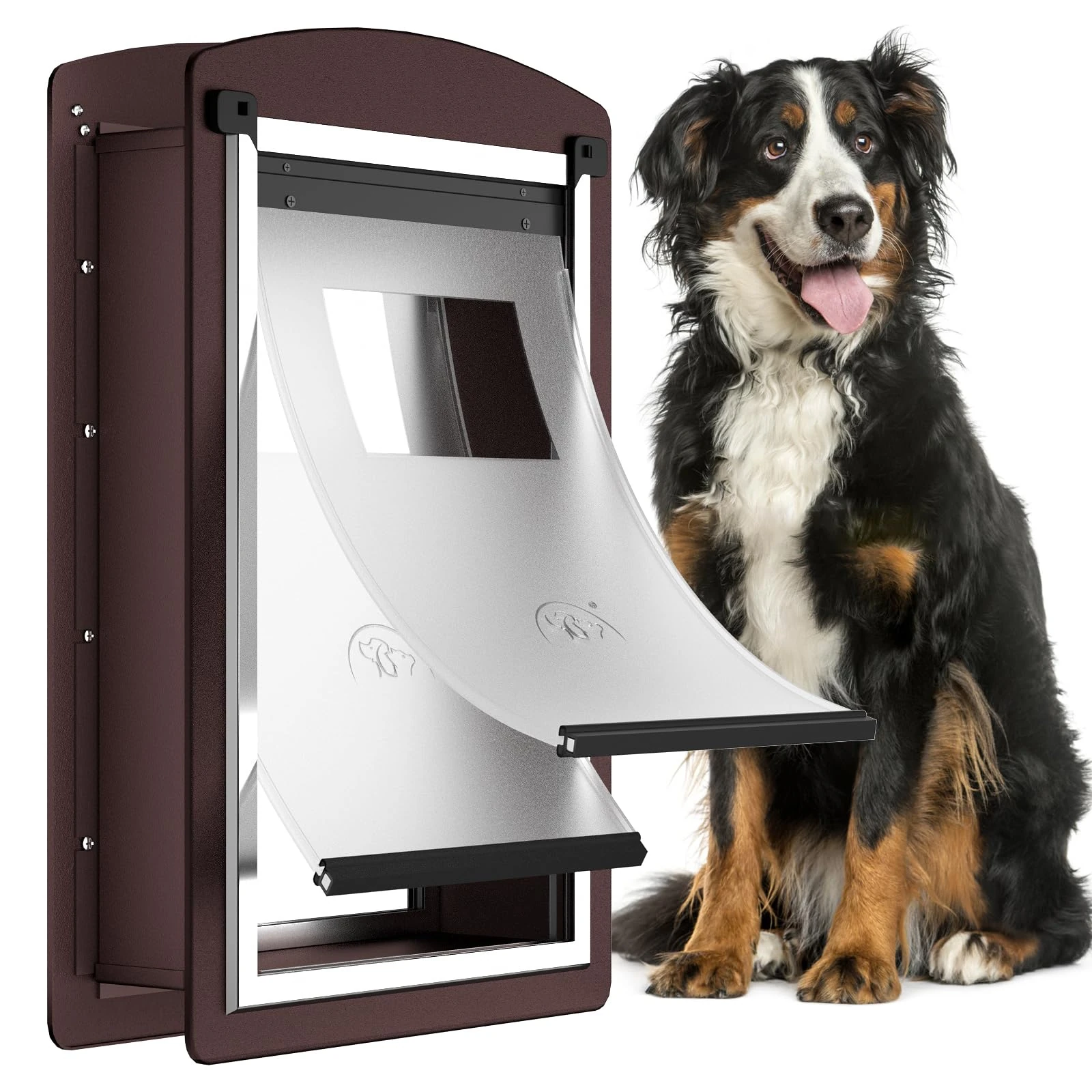 ALUMANI Dog Door for Wall, Extra Large Dog Door with 2 Magnetic Flaps, 2 Lock Panels, Steel Frame and Telescoping Tunnel, Doggie Door for Interior and Exterior Wall, X-Large, Coffee Color