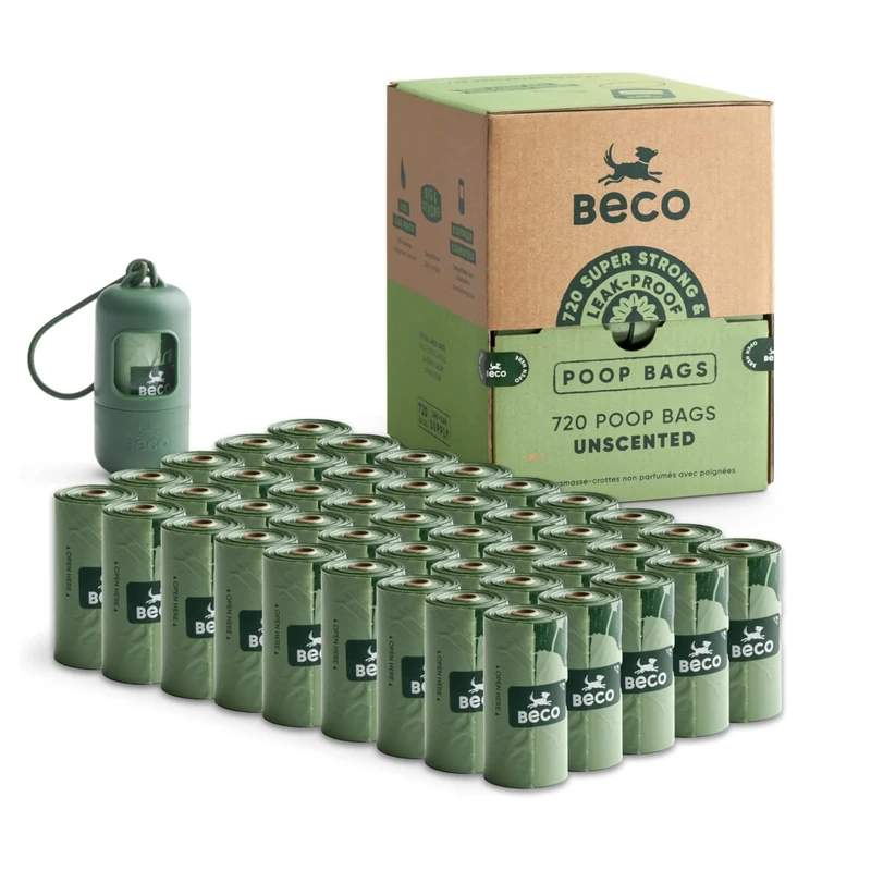Beco Strong & Large Poop Bags - 720 Bags (48 Rolls of 15) - Unscented - Dispenser Compatible Dog Poo Bags, Green