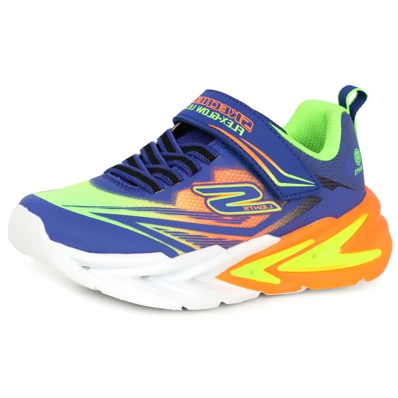 Skechers Boy's Flex-Glow Ultra Sneakers, Blue Synthetic/Lime & Orange Textile/Oran, 4 UK Child