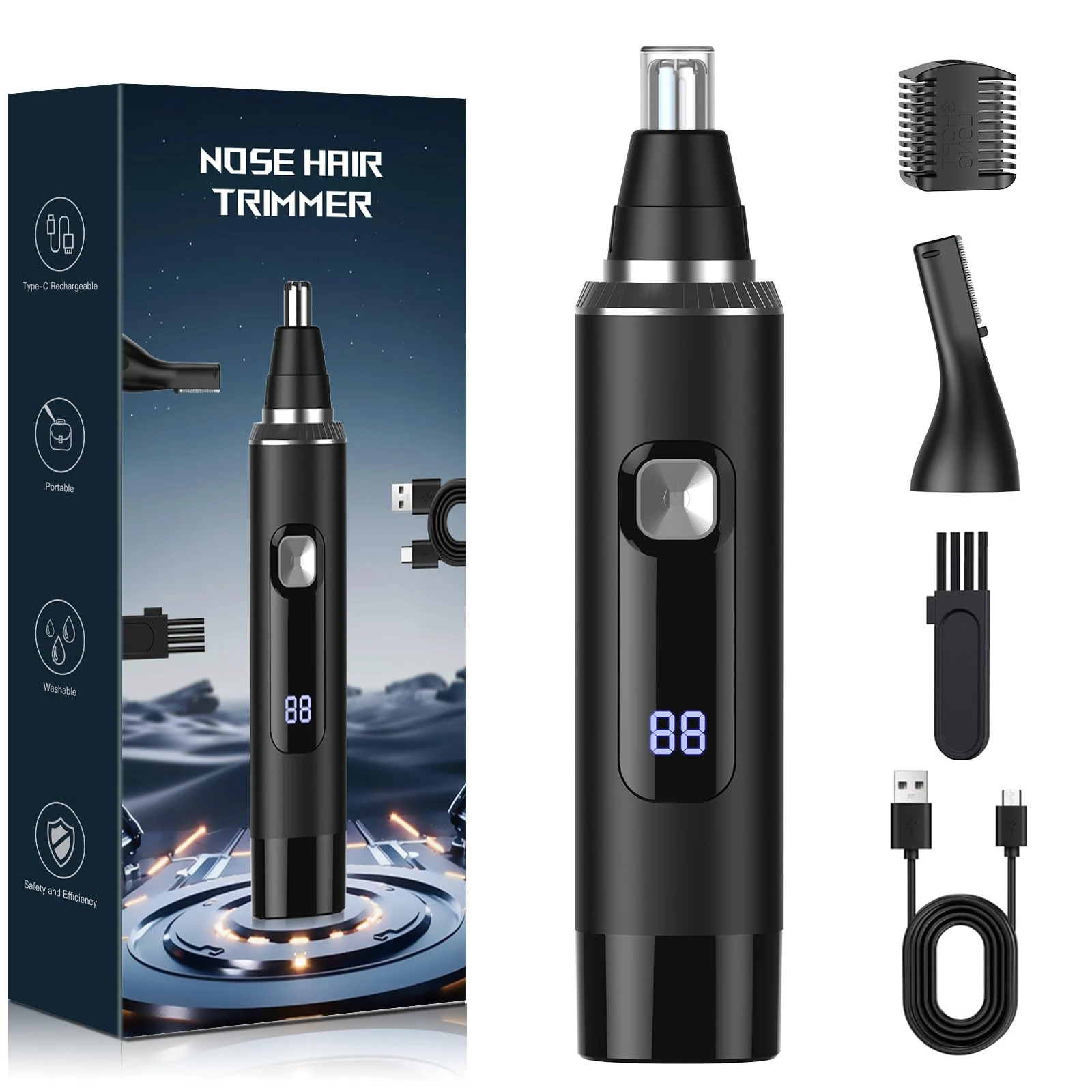 Nose Hair Trimmer for Men – 2-in-1 Rechargeable Ear and Nose Clipper with Eyebrow Groomer, IPX7 Waterproof, Dual-Blade Head & Digital Battery Display