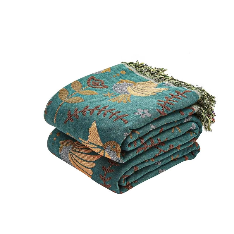 XIBLC Boho Throw Blanket, 100% Cotton Ultra Soft Luxury Throw Rustic Quilt, 80"x90" Floral Printed Farmhouse Decor Bed Summer Blankets, All Season Rustic Reversible Bohemian Throw for Bed - Blue