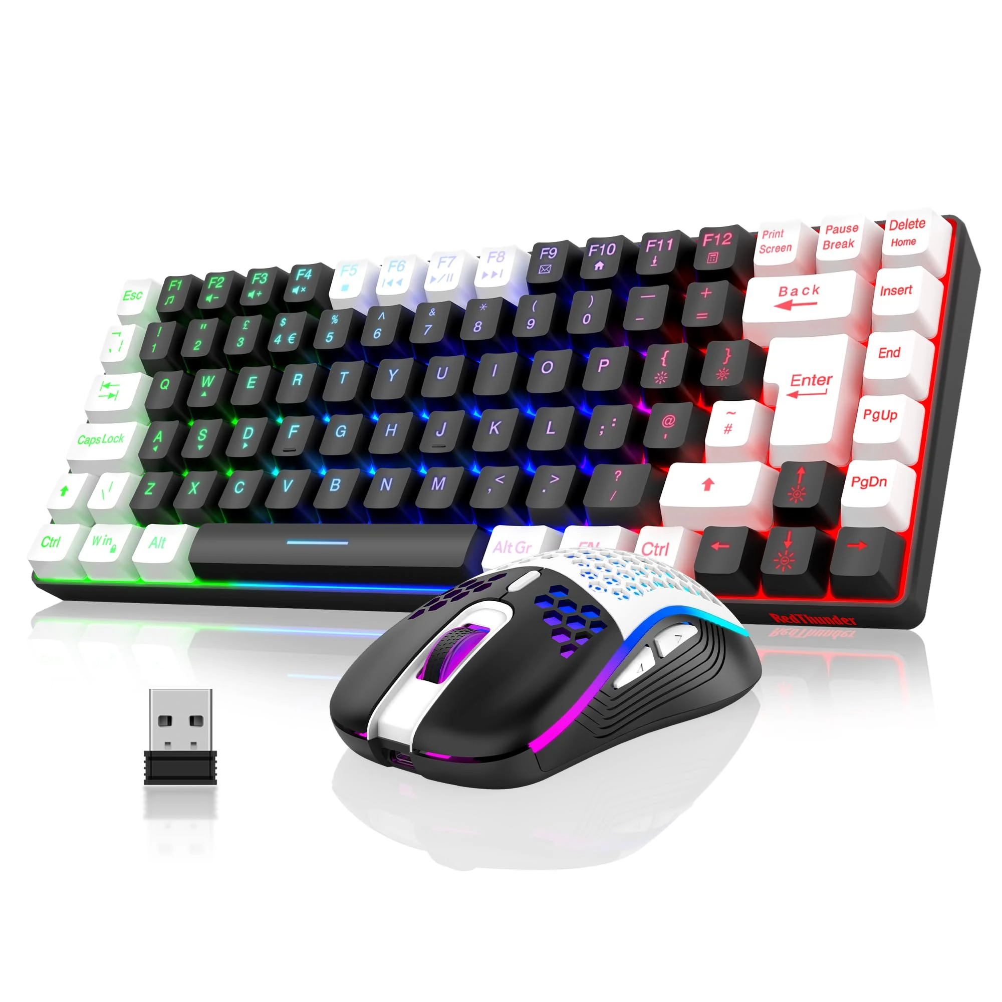 RedThunder K84 75% Wireless Gaming Keyboard and Mouse Rainbow Backlight UK Layout 85 Keys TKL Ultra Compact Mini Design Lightweight Honeycomb Gaming Mouse for PC Mac PS5 Office Gamers (Black-White)