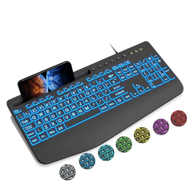 SABLUTE Wired Keyboard Large Print Computer Keyboards, Lighted USB Ergonomic Keyboard with 7 Color Backlit, Wrist Rest and Phone Holder, Easy to Read and Type for Laptop, PC, Windows, Desktop